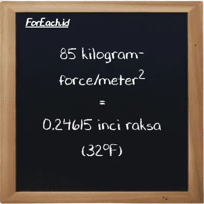 Cara konversi kilogram-force/meter<sup>2</sup> ke inci raksa (32<sup>o</sup>F) (kgf/m<sup>2</sup> ke inHg): 85 kilogram-force/meter<sup>2</sup> (kgf/m<sup>2</sup>) setara dengan 85 dikalikan dengan 0.0028959 inci raksa (32<sup>o</sup>F) (inHg)
